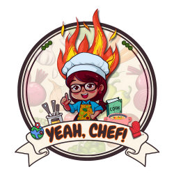Girl chef, smiling and holding a thumbs up. She is surrounded by cooking utensils, cook book, globe, pot, and red oven mit.